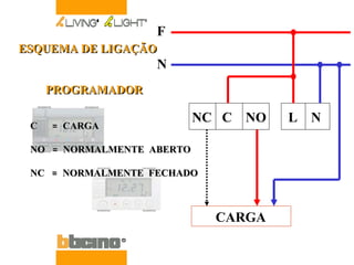 NC  C  NO L  N CARGA F N C  =  CARGA NO  =  NORMALMENTE  ABERTO NC  =  NORMALMENTE  FECHADO PROGRAMADOR ESQUEMA DE LIGAÇÃO 