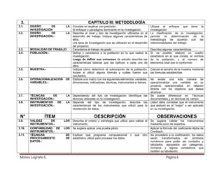 3.
3.1.
3.2.

CAPÍTULO III: METODOLOGÍA
DISEÑO
DE
INVESTIGACIÓN
DISEÑO
DE
INVESTIGACIÓN.-

LA
LA

3.3.
3.4.

MODALIDAD DE TRABAJO
POBLACIÓN.-

3.5.

MUESTRA.-

3.6.

OPERACIONALIZACIÓN
VARIABLES.-

DE

3.7.

TÉCNICAS
DE
INVESTIGACIÓN.INSTRUMENTOS
DE
INVESTIGACIÓN.-

LA

3.8.

N°
3.9.
3.10.
3.11.

LA

ÍTEM
VALIDEZ
DE
INSTRUMENTOS.CONFIABILIDAD DE
INSTRUMENTOS.TÉCNICAS
PROCESAMIENTO
DATOS.-

Moises Logroño G.

Consiste en explicar con precisión:
El enfoque o paradigma dominante en la investigación.
Describa el nivel y tipo de investigación utilizados en el
desarrollo del trabajo. Indique algunas características de
ellos.
Los tipos de Investigación que se utilizarán en el desarrollo
del proyecto;
Caracterice el trabajo de grado
Defina y caracterice a la población en la que realizó la
investigación.
Luego de definir sus universos de estudio describa las
características básicas que las tipifican a cada uno de
ellos.
Indique cómo determinó el subconjunto de la población.
Aclare si utilizó alguna fórmula y cuáles fueron sus
resultados.
Elabore una matriz con los siguientes elementos: variables,
dimensiones, indicadores, técnicas, instrumentos e ítemes.

Dependiendo del tipo de investigación identifique las
técnicas utilizadas en la investigación.
Depende del tipo de investigación, describa las
características de los instrumentos que utilizó para la
recolección de datos.

Ubique el enfoque que tiene la
investigación
La clasificación de la investigación,
permite
la
determinación
de
la
metodología de acuerdo con las
intencionalidades del trabajo.
Describa algunas características
Si es posible elabore un cuadro
estadístico en el que conste, el nombre
de la población, y el número de
elementos total que lo conforman
Calcule el tamaño de la muestra mediante
las formulas establecidas
No existe una sola manera de
operacionalizar una variable, en su
proyecto operacionalice en relación
directa con los objetivos que desea
alcanzar.
Se puede diferenciar en: Técnicas
documentales y en técnicas de campo.
Usted debe constatar que el instrumento
que elaboró es el “mejor” a ser aplicado
en su investigación.

DESCRIPCIÓN
LOS
LOS
DE
DE

OBSERVACIONES

Describa el criterio y estrategia que utilizó para validar el
instrumento.
Se sugiere aplicar una prueba piloto.

Se sugiere validar los instrumentos
mediante juicio de expertos.
Aplicar la fórmula del coeficiente Alpha de
Cronbach.
Se procederá a la codificación, los datos
serán
transformados
en
símbolos
numéricos para poder ser contados y
tabulados, agrupados por categorías,
números y signos correlativos que
faciliten su tabulación.

Explicar qué programa computacional
estadístico utilizó para procesar los datos.

o

qué

otro

Página 6

 