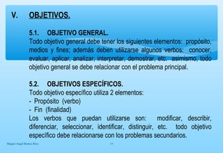 V. OBJETIVOS. 
5.1. OBJETIVO GENERAL. 
Todo objetivo general debe tener los siguientes elementos: propósito, 
medios y fines; además deben utilizarse algunos verbos: conocer, 
evaluar, aplicar, analizar, interpretar, demostrar, etc. asimismo, todo 
objetivo general se debe relacionar con el problema principal. 
5.2. OBJETIVOS ESPECÍFICOS. 
Todo objetivo específico utiliza 2 elementos: 
- Propósito (verbo) 
- Fin (finalidad) 
Los verbos que puedan utilizarse son: modificar, describir, 
diferenciar, seleccionar, identificar, distinguir, etc. todo objetivo 
específico debe relacionarse con los problemas secundarios. 
Miguel Angel Ramos Rios 15 
 