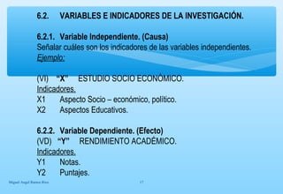 6.2. VARIABLES E INDICADORES DE LA INVESTIGACIÓN. 
6.2.1. Variable Independiente. (Causa) 
Señalar cuáles son los indicadores de las variables independientes. 
Ejemplo: 
(VI) “X” ESTUDIO SOCIO ECONÓMICO. 
Indicadores. 
X1 Aspecto Socio – económico, político. 
X2 Aspectos Educativos. 
6.2.2. Variable Dependiente. (Efecto) 
(VD) “Y” RENDIMIENTO ACADÉMICO. 
Indicadores. 
Y1 Notas. 
Y2 Puntajes. 
Miguel Angel Ramos Rios 17 
 