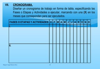 VII. CRONOGRAMA. 
Diseñar un cronograma de trabajo en forma de tabla, especificando las 
Fases o Etapas y Actividades a ejecutar, marcando con una (X) en los 
meses que correspondan para ser ejecutados. 
FASES O ETAPAS Y ACTIVIDADES E F M A M J J A S O N D 
I. 
II. 
Miguel Angel Ramos Rios 24 
 
