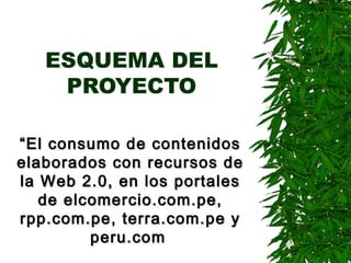 ESQUEMA DEL PROYECTO “ El consumo de contenidos elaborados con recursos de la Web 2.0, en los portales de elcomercio.com.pe, rpp.com.pe, terra.com.pe y peru.com   