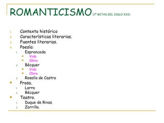 ROMANTICISMO  (1ª MITAD DEL SIGLO XIX) Contexto histórico Características literarias. Fuentes literarias. Poesía: Espronceda Vida Obra Bécquer Vida Obra Rosalía de Castro Prosa. Larra Bécquer Teatro. Duque de Rivas. Zorrilla. 