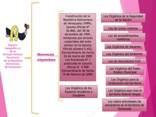 Espacio
Geográfico y
de la
División Político
Territorial
de la República
Bolivariana
de Venezuela
Constitución de la
República Bolivariana
de Venezuela (1999).
Gaceta Oficial Nº
36.860, del 30 de
diciembre de 1999,
reimpresa por errores
materiales del ente
emisor en la Gaceta
Oficial número 5.453,
Extraordinario de fecha
24 de marzo de 2000
con Enmienda Nº 1
publicada en Gaceta
Oficial N° 5.908
Extraordinario de fecha
19 de febrero de 2009.
Ley Orgánica de los
Espacios Acuáticos e
Insulares
Ley Orgánica del Poder
Publico Municipal
Ley Orgánica de Aduanas
Ley Orgánica de la Seguridad
de la Nación
Ley de Aeronáutica Civil
Ley de procedimientos
marítimos
Ley Orgánica del Ambiente
Ley de zonas costeras
Ley Orgánica para la
Ordenación del territorio
Ley Orgánica que crea el
territorio federal Vargas
Ley sobre actividades de
extranjeros en el territorio de
Venezuela
 