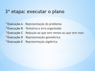 3ª etapa: executar o plano
*Execução A – Representação do problema
*Execução B – Tentativa e erro organizado
*Execução C – Redução ao que tem menos ou que tem mais
*Execução D – Representação geométrica
*Execução E – Representação algébrica
 
