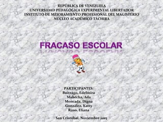 REPÚBLICA DE VENEZUELA
UNIVERSIDAD PEDAGÓGICA EXPERIMENTAL LIBERTADOR
INSTITUTO DE MEJORAMIENTO PROFESIONAL DEL MAGISTERIO
NÚCLEO ACADÉMICO TÁCHIRA
PARTICIPANTES:
Buitrago, Edelmira
Mahecha, Ada
Moncada, Digna
González, Katty
Roso, Eliana
San Cristóbal, Noviembre 2015
 