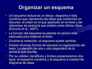Organizar un esquema
• Un esquema textual es un dibujo, diagrama o lista
numérica que representa las ideas que conforman un
discurso, el orden en el que aparecen en el texto y las
relaciones de jerarquía que existen entre dichas ideas
(Ezcurra et al., 2007).
• La función del esquema es planear el camino más
adecuado para elaborar el texto.
• Durante la redacción, el esquema puede cambiar.
• Existen diversas formas de expresar la organización del
texto. La elección de una u otra dependerá de la
persona que escribe.
• Por su utilidad, beneficios y límites presentaremos dos
tipos: el esquema numérico y el esquema a manera de
diagrama de ideas.

 