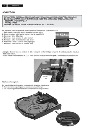 32 FW-C155/19
Os seguintes passos devem ser executados quando substituir o mecanismo CD:
1. Desconecte o cabo flexível do drive CD do driver antigo
2. Curto-circuite o cabo flexível com um clip de papel(fig.1)
3. Remova o drive CD antigo
4. Remova o curto-circuito do cabo flexível
5. Conecte o cabo flexível ao novo CD driver
6. Posicione o novo CD driver em sua posição
7. Remova o curto-circuito da unidade laser
CAPACITORES CARREGADOS NO PAINEL SERVO PODEM DANIFICAR CIRCUITOS DO DRIVE CD
QUANDO CONECTAR UM NOVO MECANISMO. ALÉM DAS MEDIDAS DE SEGURANÇA COMO:
• DESLIGAR A ALIMENTAÇÃO
• PROTEÇÃO ESD
MEDIDAS ADCIONAIS DEVEM SER OBSERVADAS PELO TÉCNICO.
ADVERTÊNCIA
fig.1
Atenção: O diodo laser da unidade de CD é protegido contra ESD por um ponto de solda que curto-circuita o
diodo laser à terra.
Para o correto funcionamento do CD o curto-circuito deve ser removidoapós a conexão do drive ao conjunto.
Ponto de solda
Cabo Flex
1800
Abertura de Emergência
Em caso de falha na alimentação, a bandeja pode ser aberta manualmente.
1. Remova a tampa superior para ter acesso ao módulo Changer.
2. Gire a engrenagem no sentido horário (como mostrado na ﬁgura abaixo.
 