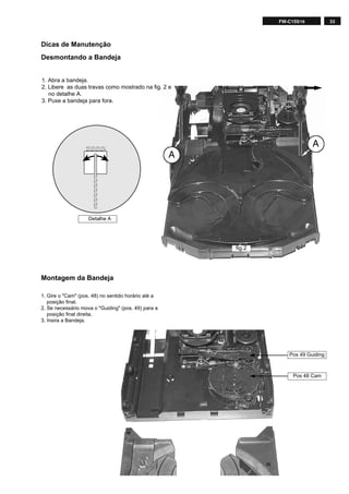 33FW-C155/19
Pos 49 Guiding
Pos 48 Cam
Detalhe A
Desmontando a Bandeja
Dicas de Manutenção
1. Abra a bandeja.
2. Libere as duas travas como mostrado na fig. 2 e
no detalhe A.
3. Puxe a bandeja para fora.
fig.2
Montagem da Bandeja
1. Gire o "Cam" (pos. 48) no sentido horário até a
posição final.
2. Se necessário mova o "Guiding" (pos. 49) para a
posição final direita.
3. Insira a Bandeja.
 