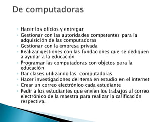 Hacer los oficios y entregarGestionar con las autoridades competentes para la adquisición de las computadorasGestionar con la empresa privadaRealizar gestiones con las fundaciones que se dediquen a ayudar a la educaciónProgramar las computadoras con objetos para la educaciónDar clases utilizando las  computadoras Hacer investigaciones del tema en estudio en el internetCrear un correo electrónico cada estudiantePedir a los estudiantes que envíen los trabajos al correo electrónico de la maestra para realizar la calificación respectiva.De computadoras