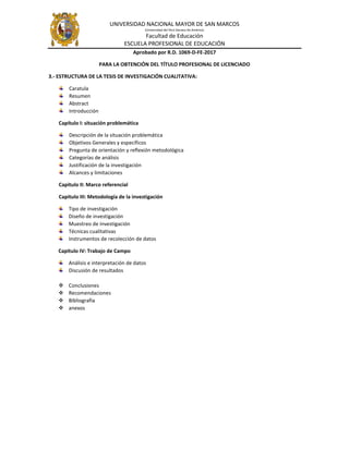 UNIVERSIDAD NACIONAL MAYOR DE SAN MARCOS
(Universidad del Perú Decana De América)
Facultad de Educación
ESCUELA PROFESIONAL DE EDUCACIÓN
Aprobado por R.D. 1069-D-FE-2017
PARA LA OBTENCIÓN DEL TÍTULO PROFESIONAL DE LICENCIADO
3.- ESTRUCTURA DE LA TESIS DE INVESTIGACIÓN CUALITATIVA:
Caratula
Resumen
Abstract
Introducción
Capítulo I: situación problemática
Descripción de la situación problemática
Objetivos Generales y específicos
Pregunta de orientación y reflexión metodológica
Categorías de análisis
Justificación de la investigación
Alcances y limitaciones
Capitulo II: Marco referencial
Capitulo III: Metodología de la investigación
Tipo de investigación
Diseño de investigación
Muestreo de investigación
Técnicas cualitativas
Instrumentos de recolección de datos
Capitulo IV: Trabajo de Campo
Análisis e interpretación de datos
Discusión de resultados
 Conclusiones
 Recomendaciones
 Bibliografía
 anexos
 