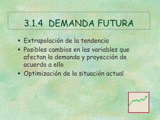 3.1.4 DEMANDA FUTURA
 Extrapolación de la tendencia
 Posibles cambios en las variables que
afectan la demanda y proyecci...