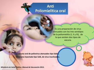 Es una preparación de virus
atenuados con los tres serotipos
de la poliomielitis (I, II y III), de
la que existen dos tipos de
vacuna.

La vacuna oral de poliovirus atenuados tipo Sabin.
La vacuna inyectada tipo Salk, de virus inactivados.

Ministerio de Salud Pública. Manual de Vacunación 2013.

 