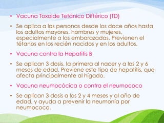 • Vacuna Toxoide Tetánico Diftérico (TD)
• Se aplica a las personas desde los doce años hasta
los adultos mayores, hombres y mujeres,
especialmente a las embarazadas. Previenen el
tétanos en los recién nacidos y en los adultos.
• Vacuna contra la Hepatitis B
• Se aplican 3 dosis, la primera al nacer y a los 2 y 6
meses de edad. Previene este tipo de hepatitis, que
afecta principalmente al hígado.
• Vacuna neumocócica o contra el neumococo
• Se aplican 3 dosis a los 2 y 4 meses y al año de
edad, y ayuda a prevenir la neumonía por
neumococo.
 