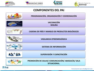 Inmunizacion.epi.zulia@gmail.com
PROGRAMACIÓN, ORGANIZACIÓN Y COORDINACIÓN
VACUNACIÓN
SEGURA
CADENA DE FRÍO Y MANEJO DE PRODUCTOS BIOLÓGICOS
VIGILANCIA EPIDEMIOLÓGICA
SISTEMA DE INFORMACIÓN
SUPERVISIÓN Y CAPACITACIÓN
PROMOCIÓN DE SALUD/ COMUNICACIÓN/ ABOGACÍA/ SALA
SITUACIONAL.
COMPONENTES DEL PAI
 