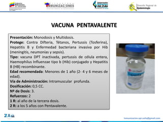 Inmunizacion.epi.zulia@gmail.com
VACUNA PENTAVALENTE
Presentación: Monodosis y Multidosis.
Protege: Contra Difteria, Tétanos, Pertussis (Tosferina),
Hepatitis B y Enfermedad bacteriana invasiva por Hib
(meningitis, neumonías y sepsis).
Tipo: vacuna DPT inactivada, pertussis de célula entera,
Haemophilus Influenzae tipo b (Hib) conjugado y Hepatitis
B (HB) recombinante.
Edad recomendada: Menores de 1 año (2- 4 y 6 meses de
edad).
Vía de Administración: Intramuscular profunda.
Dosificación: 0,5 CC.
Nº de Dosis: 3.
Refuerzos: 2
1 R: al año de la tercera dosis.
2 R: a los 5 años con Pentavalente.
 
