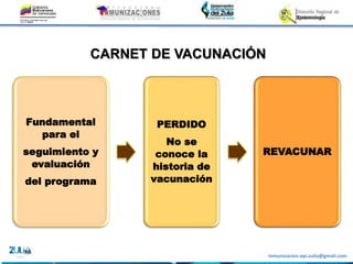 Inmunizacion.epi.zulia@gmail.com
CARNET DE VACUNACIÓN
Fundamental
para el
seguimiento y
evaluación
del programa
PERDIDO
No se
conoce la
historia de
vacunación
REVACUNAR
 