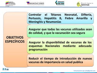 Inmunizacion.epi.zulia@gmail.com
OBJETIVOS
ESPECÍFICOS
Controlar el Tétanos Neonatal, Difteria,
Pertussis, Hepatitis B, Fiebre Amarilla y
Meningitis y Neumonías
Asegurar que todas las vacunas utilizadas sean
de calidad, y que la vacunación sea segura
Asegurar la disponibilidad de vacunas de los
esquemas Nacionales mediante adecuada
programación
Reducir el tiempo de introducción de nuevas
vacunas de importancia en salud publica
 