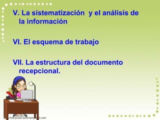 V. La sistematización y el análisis de 
la información 
VI. El esquema de trabajo 
VII. La estructura del documento 
recepcional. 
 