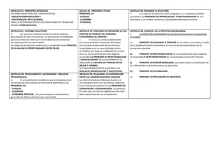ARTÍCULO 31. PRINCIPIOS GENERALES.
LOS EMPLEADOS PÚBLICOS TIENEN DERECHO:
-NEGOCIA REPRESENTACIÓN Y
-PARTICIPACIÓN INSTITUCIONAL,
PARA LA DETERMINACIÓN DE SUSCONDICIONES DE TRABAJONE
NEGOCIACIÓN COLECTIVA,
Artículo 53 . PRINCIPIOS ÉTICOS
PRINCIPIOS DE
-EFICACIA,
-ECONOMÍA
-EFICIENCIA
ARTÍCULO 60. ÓRGANOS DE SELECCIÓN.
1. Los órganos de selección seráncolegiados ysu composicióndeberá
ajustarse a los PRINCIPIOS DE IMPARCIALIDAD Y PROFESIONALIDAD de sus
miembros, yse tenderá, asimismo, a la paridadentre mujer yhombre
ARTÍCULO 61. SISTEMAS SELECTIVOS.
1. Los procesos selectivos tendráncarácter abiertoy
garantizaránla libre concurrencia, sin perjuiciode lo establecido
para la promocióninterna yde lasmedidasde discriminación
positiva previstas en este Estatuto.
Los órganos de selección velarán por el cumplimientodel PRINCIPIO
DE IGUALDAD DE OPORTUNIDADES ENTRE SEXOS
ARTÍCULO 79. CONCURSO DE PROVISIÓN DE LOS
PUESTOS DE TRABAJO DEL PERSONAL
FUNCIONARIO DE CARRERA.
1. El concurso, como procedimiento
normal de provisión de puestos de trabajo,
consistirá en la valoraciónde los méritos y
capacidades y, en su caso, aptitudes de los
candidatos por órganos colegiados de carácter
técnico. La composiciónde estos órganos
responderá AL PRINCIPIO DE PROFESIONALIDAD
Y ESPECIALIZACIÓN DE SUS MIEMBROS Y SE
ADECUARÁ AL CRITERIO DE PARIDAD ENTRE
MUJER Y HOMBRE.
SU FUNCIONAMIENTO SE AJUSTARÁ A LAS
REGLAS DE IMPARCIALIDAD Y OBJETIVIDAD.
ARTÍCULO 94. EJERCICIO DE LA POTESTAD DISCIPLINARIA.
2. La POTESTAD DISCIPLINARIA se ejercerá de acuerdocon los siguientes
principios:
a) PRINCIPIO DE LEGALIDAD Y TIPICIDAD de las faltas ysanciones, a través
de la predeterminaciónnormativa o, enel casodel personal laboral, de los
convenios colectivos.
B) PRINCIPIO DE IRRETROACTIVIDAD de las disposiciones sancionadoras
no favorables YDE RETROACTIVIDAD de las favorablesal presuntoinfractor.
C) PRINCIPIO DE PROPORCIONALIDAD, aplicable tanto a la clasificaciónde
las infracciones ysanciones como a su aplicación.
D) PRINCIPIO DE CULPABILIDAD.
e) PRINCIPIO DE PRESUNCIÓN DE INOCENCIA
ARTÍCULO 98. PROCEDIMIENTO DISCIPLINARIO YMEDIDAS
PROVISIONALES.
2. El procedimientodisciplinario que se establezca enel
desarrollode este Estatutose estructurará atendiendo a los
PRINCIPIOS DE:
- EFICACIA,
- CELERIDAD
- ECONOMÍA PROCESAL, con pleno respetoa los derechos y
garantías de defensadel presunto responsable
ARTÍCULO 99. RELACIONES DE COOPERACIÓN
ENTRE LAS ADMINISTRACIONES PÚBLICAS.
Las Administraciones Públicasactuarányse
relacionaránentre síenlasmaterias objetode
este Estatutode acuerdoconlos PRINCIPIOS DE
COOPERACIÓN Y COLABORACIÓN, respetando,
en todo caso, el ejercicio legítimopor las otras
Administracionesde sus competencias
 