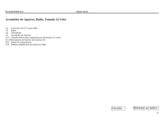 PE 54.00-B-0030-01A Edição: 05/03
32
Acendedor de cigarros, Rádio, Tomada 12 Volts
A2 Conversor 24/12 V para rádio
A3 Rádio
A4 Alto-falante
A5 Acendedor de cigarros
A13 Tomada elétrica para equipamentos adicionais (12 volts)
Kl. 30Barramento de fusíveis do terminal 30
P18 Painel de instrumentos
U36 Módulo amplificador da antena de rádio
Retornar ao índiceCircuito
 