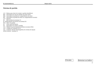 PE 54.00-B-0030-01A Edição: 05/03
37
Sistema de partida
A15 Bobina para chave de contato e partida (imobilizer)
B42 Interruptor de corte de partida em ponto morto
B46 Interruptor de partida no compartimento do motor
B47 Interruptor de parada do motor no compartimento do motor
G19 Baterias
K2 Relé auxiliar do terminal 15
Kl. 30Barramento de fusíveis do terminal 30
M13 Motor de partida
Q1 Chave geral da bateria
Q2 Interruptor de contato e partida
U16 Módulo do gerenciamento eletrônico do motor (PLD)
U35 Unidade de comando (UCV)
V31 Conjunto válvula eletromagnética do sistema de injeção
XPM1Conexão - terminal 31
Retornar ao índiceCircuito
 