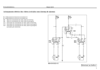 PE 54.00-B-0030-01A Edição: 05/03
6
Acionamento elétrico dos vidros (veículos sem sistema de alarme)
Kl. 15Barramento de fusíveis do terminal 15
Kl. 30Barramento de fusíveis do terminal 30
M5 Motor de acionamento do vidro, lado do motorista
M6 Motor de acionamento do vidro, lado do passageiro
S12 Interruptor de acionamento do vidro, lado do motorista
S13 Interruptor de acionamento do vidro, lado do passageiro
S33 Interruptor de acionamento do vidro, lado do passageiro
(acionado pelo motorista)
B54.00-0323-12
Retornar ao índice
 