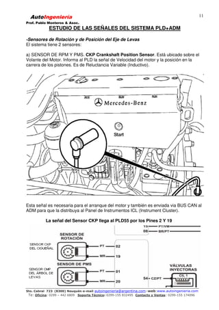 AutoIngeniería
Prof. Pablo Monteros & Asoc.
Sto. Cabral 723 (8300) Neuquén-e-mail:autoingenieria@argentina.com–web:www.autoingenieria.com
Te: Oficina: 0299 – 442 6809 Soporte Técnico: 0299-155 832495 Contacto y Ventas: 0299-155 174096
11
ESTUDIO DE LAS SEÑALES DEL SISTEMA PLD+ADM
-Sensores de Rotación y de Posición del Eje de Levas
El sistema tiene 2 sensores:
a) SENSOR DE RPM Y PMS. CKP Crankshaft Position Sensor. Está ubicado sobre el
Volante del Motor. Informa al PLD la señal de Velocidad del motor y la posición en la
carrera de los pistones. Es de Reluctancia Variable (Inductivo).
Esta señal es necesaria para el arranque del motor y también es enviada via BUS CAN al
ADM para que la distribuya al Panel de Instrumentos ICL (Instrument Cluster).
La señal del Sensor CKP llega al PLD55 por los Pines 2 Y 19
 