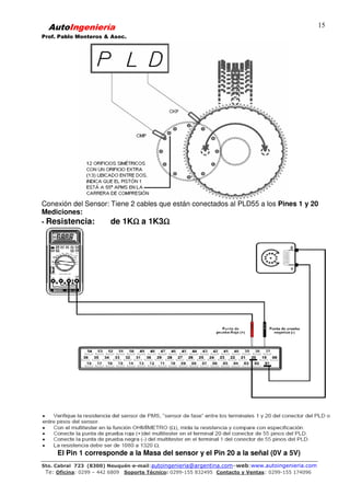 AutoIngeniería
Prof. Pablo Monteros & Asoc.
Sto. Cabral 723 (8300) Neuquén-e-mail:autoingenieria@argentina.com–web:www.autoingenieria.com
Te: Oficina: 0299 – 442 6809 Soporte Técnico: 0299-155 832495 Contacto y Ventas: 0299-155 174096
15
Conexión del Sensor: Tiene 2 cables que están conectados al PLD55 a los Pines 1 y 20
Mediciones:
- Resistencia: de 1KΩΩΩΩ a 1K3ΩΩΩΩ
El Pin 1 corresponde a la Masa del sensor y el Pin 20 a la señal (0V a 5V)
 