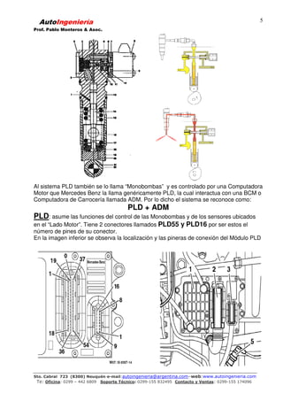 AutoIngeniería
Prof. Pablo Monteros & Asoc.
Sto. Cabral 723 (8300) Neuquén-e-mail:autoingenieria@argentina.com–web:www.autoingenieria.com
Te: Oficina: 0299 – 442 6809 Soporte Técnico: 0299-155 832495 Contacto y Ventas: 0299-155 174096
5
Al sistema PLD también se lo llama “Monobombas” y es controlado por una Computadora
Motor que Mercedes Benz la llama genéricamente PLD, la cual interactua con una BCM o
Computadora de Carrocería llamada ADM. Por lo dicho el sistema se reconoce como:
PLD + ADM
PLD: asume las funciones del control de las Monobombas y de los sensores ubicados
en el “Lado Motor”. Tiene 2 conectores llamados PLD55 y PLD16 por ser estos el
número de pines de su conector.
En la imagen inferior se observa la localización y las pineras de conexión del Módulo PLD
 