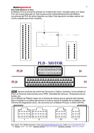 AutoIngeniería
Prof. Pablo Monteros & Asoc.
Sto. Cabral 723 (8300) Neuquén-e-mail:autoingenieria@argentina.com–web:www.autoingenieria.com
Te: Oficina: 0299 – 442 6809 Soporte Técnico: 0299-155 832495 Contacto y Ventas: 0299-155 174096
6
El Módulo PLD se encuentra siempre en el lateral del motor, montado sobre una “placa
Fría” por la que pasa gas oil. Esto es para evitar sobrecalentamientos del Módulo.
Las pineras del PLD se retiran bajando una traba. Esta operación se debe realizar con
mucho cuidado para evitar romperla.
ADM: Asume funciones de control de Carrocería y Cabina. Controla y envía señales al
PLD y al Panel de Instrumentos como RPM, Velocidad del vehículo, Temperatura de los
fluidos, etc.
Es un Módulo de Plástico negro con 4 pineras de colores que en general está ubicado
bajo el torpedo en la cabina del camión a la altura central al costado de la fusiblera y del
Terminal de Diagnóstico (DLC). Se comunica con el Módulo PLD por un BUS CAN HS.
 