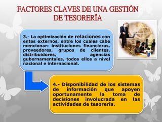 FACTORES CLAVES DE UNA GESTIÓN 
DE TESORERÍA 
3.- La optimización de relaciones con 
entes externos, entre los cuales cabe 
mencionar: instituciones financieras, 
proveedores, grupos de clientes, 
distribuidores, agencias 
gubernamentales, todos ellos a nivel 
nacional e internacional. 
4.- Disponibilidad de los sistemas 
de información que apoyen 
oportunamente la toma de 
decisiones involucrada en las 
actividades de tesorería. 
 