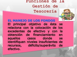 Funciones de la 
Gestión de 
Tesorería 
EL MANEJO DE LOS FONDOS 
 
