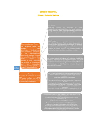 Origen e
Historia
Solemnidad ante el Thinx:
Los germanos desde las
épocas muy
primitivas distinguieron
entre muebles e inmuebles
y los reglamentaron
de distinta manera, lo que
no sucedió en Roma. Esta
forma solemne se
llevaba a cabo mediante
ciertos ritos y simbolismos
que se ejecutaban
ante la asamblea popular o
ante el consejo comunal.
1er. Periodo:
Publicidad primitiva: Se desarrollan en España,
variadas formas de publicidad. Entre ellas, la más notable es la
llamada Robración, que es la ratificación pública y solemne de la
transferencia por carta o escritura, deuninmueble.
2do. Periodo:
La influencia Romana: Poco a poco desaparecen las
formas solemnes de publicidad y son substituidas por la traditio,
recogida en las partidas “como acto privado de consumación de
un
contrato de finalidad traslativa. Esta recepción científica del
Derecho Romanono satisfizolas necesidades reinantes.
3er. Periodo: Iniciación del régimen de la publicidad: Todavía no se
trata de un sistema general de publicidad inmobiliaria, sino sólo de
ciertos actos relacionados con inmuebles, especialmente gravámenes
e
hipotecas, aunque en Cataluña, pronto se incluyó el registro de
enajenación deinmuebles.
Es importanteseñalar que es en esta época, dela Edad Media, que se
instituye comotal
el Registro Civil, cuyas raíces seremontana los censos y ciertos
registros que se
diligenciaron enlos pueblos greco-romanos.
Aunque “el real y verdaderoantecedente delregistrocivil se
encuentra en los registros parroquiales de la Iglesia Católica,
llevados en forma ordenada a partir definales del siglo XIV, que
partía dela misma idea greco-romana de asentar los actos más
importantes de la vida delos feligreses, cuya función se le encargo
al párroco local.
4to. Periodo:Consolidacióndelrégimende publicidadregistral:
Nuestro código civilen materia dehipotecas y de registro
público,
tiene como antecedentela ley española.
Los orígenes deRegistrofueron precedidos por el surgimiento
de una
institución devital importancia para el desarrollo y posterior
evolución deeste; nos referimos a la Propiedad,queen su más
primitiva idea seremonta a la época en la cual el hombre
consideró
como de su posesión aquellas armas queutilizo para la caza y la
pesca.
Auflassung:
Es un tipo de jurisdicción voluntaria.
Aquí no existe
una entrega simbólica, sino que el
transferente abandona el inmueble y
el juez proclama la investidura.
 