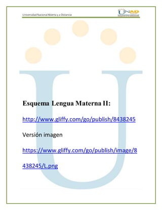 UniversidadNacionalAbierta y a Distancia
Esquema Lengua Materna II:
http://www.gliffy.com/go/publish/8438245
Versión imagen
https://www.gliffy.com/go/publish/image/8
438245/L.png
 