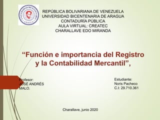 REPÚBLICA BOLIVARIANA DE VENEZUELA
UNIVERSIDAD BICENTENARIA DE ARAGUA
CONTADURÍA PÚBLICA
AULA VIRTUAL: CREATEC
CHARALLAVE EDO MIRANDA
Profesor:
JOSÉ ANDRÉS
MALO.
Estudiante:
Noris Pacheco
C.I: 29.710.361
Charallave, junio 2020
 