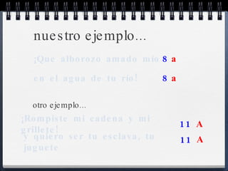 nuestro ejemplo... ¡Que alborozo amado mío 8 8 en el agua de tu río! a a otro ejemplo... ¡Rompiste mi cadena y mi grillete! 11 11 y quiero ser tu esclava, tu juguete A A 