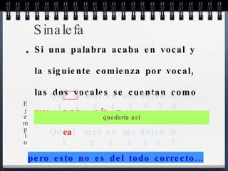 Sinalefa Si una palabra acaba en vocal y la siguiente comienza por vocal, las dos vocales se cuentan como  UNA SOLA SÍLABA. Que al mar no me de ir 1 2 3 4 5 6 7 8 jan Qu e a l mar no me de ir 1 2 3 4 5 6 7 jan pero esto no es del todo correcto... E j e m p l o quedaría así 