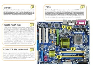9         PILHA                                                                                         10
CHIPSET
De uma forma simplista, o chipset pode ser considerado o policia sinaleiro da       Esta pequena pilha existe em todas as boards e serve para alimentar a memoria CMOS. E nesta memoria
motherboard, ja que e ale quem controla tudo o que aqui se passa. Por exemplo,      que e guardado o BIOS (Basic Input/ Output System), ou seja a informação básica sobre o funcionamento
para que o processador tenha acesso a informação armazenada na RAM, este            da maquina: parâmetros de funcionamento da RAM, configurações RAID, configurações do processador,
pedido terá de passar pelo antes pelo chipset, É também ele o responsável pela      entre outras. Por outro lado, a pilha serve também para manter o relógio do sistema sempre certo. Se a
comunicação com os vários dispositivos, como discos rígidos ou periféricos.         pilha ficar sem carga, a memoria CMOS perde todas as modificações entretanto feitas, voltando a exibir
                                                                                    os parâmetros de fabrica, Isto só e mau caso tenha dois discos configurados no BIOS para funcionar em
                                                                                    RAID 0, por exemplo, já que a perda das configurações tornara impossível o arranque do sistema.




 SLOTS PARA RAM                                                        11
 E nestas ranhuras que a memoria encaixa. Tal como acontece no caso do                                                            9           12
 processador, o tipo de ranhura depende do tipo de memória utilizada. Assim,
 não há forma de encaixar um modulo de memoria DDR numa slot para DDR2,
 por exemplo. Por outro lado, para assegurar que os contactos eléctricos estão
 correctamente estabelecidos, só há uma forma de encaixar os módulos de
 RAM. Se reparar, vera que existe um alto na slot que corresponde a uma
 ranhura no modulo de memoria. Terá de alinha-los para conseguir encaixar a
 memória. Normalmente, existem quatro destas ranhuras para instalar memória.
 No caso dos sistemas Intel estão muitas vezes agrupadas em dois pares
 separados por um pequeno espaço, que correspondem a cada um dos canais de
 memória. Se quiser tirar partido da funcionalidade dual channel [em que a
 largura de banda e aumentada para o dobro), terá de instalar um modulo no
 primeiro par e outro modulo no segundo par. No caso dos sistemas AMD com
 tecnologia dual channel, as ranhuras usualmente não estão separadas por
 espaçamentos. Por outro lado, terá de instalar os dois módulos de RAM nas
 duas primeiras ranhuras para que o sistema funcione em modo dual channel




CONECTOR ATX 20/24 PINOS                                               12                                                                                11
E aqui que se liga o cabo principal da fonte de alimentação. Se a sua motherboard
for recente, devera ter um conector de 24 pinos (mais quatro do que o que era ate
agora a normal. No entanto, não se preocupe com a compatibilidade. Mesmo as
fontes de alimentação com conectores de 20 pinos são perfeitamente compatíveis.
Tal como em tantas outras ligações numa motherboard, também aqui só há uma
forma correcta de inserir o cabo, não havendo forma de errar.
                                                                                                                    10
 