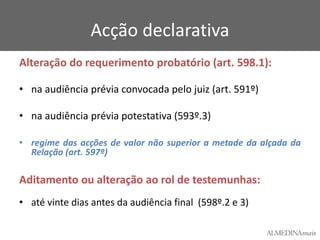 Acção declarativa
Alteração do requerimento probatório (art. 598.1):
• na audiência prévia convocada pelo juiz (art. 591º)
• na audiência prévia potestativa (593º.3)
• regime das acções de valor não superior a metade da alçada da
Relação (art. 597º)

Aditamento ou alteração ao rol de testemunhas:
• até vinte dias antes da audiência final (598º.2 e 3)

 