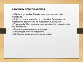 PROGRAMACIÓN POR ÁMBITOS
oObjetivos generales: Relacionados con competencias
educativas.
oCriterios para la selección de contenidos: Propuestas de
elaboración de proyectos de integración al curriculum.
oProfesorado: Menor número para seguimiento y coordinación
del aprendizaje.
oOrganización de espacios y tiempos.
oMetodología: Activa e integradora.
oEvaluación: Inicial, de seguimiento y final.
 
