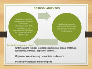 DESDOBLAMIENTOS
La disminución de la
ratio profesor-alumno
favorece la
individualización de la
enseñanza y, en
consecuencia, la mejora
de los resultados de
aprendizaje.
Dividir el grupo-aula
tomando como criterio
el numérico de manera
heterogénea.
Actuaciones para el centro:
• Criterios para realizar los desdoblamientos: áreas, materias,
actividades, tiempos, espacios, cursos...
• Organizar los espacios y determinar los tiempos.
• Planificar estrategias metodológicas
 