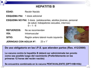 EDAD: Recién Nacido ESQUEMA PAI: 1 dosis adicional REFUERZOS: No se recomiendan VÍA: Intramuscular JERINGAS CON AGUJA N°:   De uso obligatorio en las I.P.S. que atienden partos (Res. 412/2000) La vacuna contra la hepatitis B deberá ser administrada tan pronto como sea posible luego del nacimiento (Preferiblemente en las primeras 12 horas del recién nacido) Se encuentra combinada en la vacuna PENTAVALENTE (DPT+HB+Hib) 23 x 1 ” SITIO: Región antero lateral muslo izquierdo HEPATITIS B ESQUEMA NO PAI: 3 dosis  (adolescentes, adultos jóvenes, personal de salud, trabajadores sexuales, internos) 0 – 1 - 6 10:50 PM 