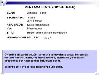 EDAD: 2 meses – 1 año ESQUEMA PAI: 3 dosis  2, 4, 6 meses REFUERZOS: No se recomiendan VÍA: Intramuscular JERINGAS CON AGUJA N°:   Colombia utiliza desde 2001 la vacuna pentavalente la cual incluye las vacunas contra Difteria, tos ferina, tétanos, hepatitis B y contra las infecciones por Haemophilus influenzae tipo b. En niños de 1 año solo se recomienda una dosis. 23 x 1 ” SITIO: Región antero lateral muslo derecho PENTAVALENTE (DPT+HB+Hib) 10:50 PM 
