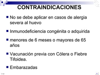CONTRAINDICACIONES No se debe aplicar en casos de alergia severa al huevo Inmunodeficiencia congénita o adquirida menores de 6 meses o mayores de 65 años Vacunación previa con Cólera o Fiebre Tifoidea.  Embarazadas 10:50 PM 