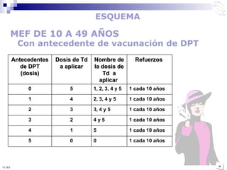Con antecedente de vacunación de DPT ESQUEMA  MEF DE 10 A 49 AÑOS 10:50 PM Antecedentes de DPT (dosis) Dosis de Td a aplicar Nombre de la dosis de Td  a aplicar  Refuerzos  0 5 1, 2, 3, 4 y 5 1 cada 10 años  1 4 2, 3, 4 y 5 1 cada 10 años  2 3 3, 4 y 5 1 cada 10 años  3 2 4 y 5 1 cada 10 años  4 1 5  1 cada 10 años  5 0 0 1 cada 10 años  
