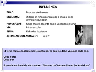 EDAD: Mayores de 6 meses ESQUEMA: REFUERZOS: VÍA: Intramuscular JERINGAS CON AGUJA N°:   El virus muta constantemente razón por la cual se debe vacunar cada año. Cepa norte Cepa sur Jornada Nacional de Vacunación  “ Semana de Vacunación en las Américas ” 23 x 1 ” SITIO: Deltoides Izquierdo INFLUENZA Cada año de acuerdo con la variación del virus 2 dosis en niños menores de 8 años si es la primera vacunación 10:50 PM 
