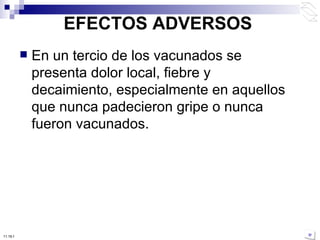 EFECTOS ADVERSOS En un tercio de los vacunados se presenta dolor local, fiebre y decaimiento, especialmente en aquellos que nunca padecieron gripe o nunca fueron vacunados.  10:50 PM 