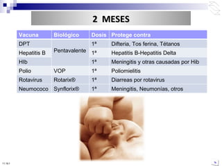 10:50 PM Vacuna Biológico Dosis Protege contra DPT Pentavalente 1ª  Difteria, Tos ferina, Tétanos Hepatitis B 1ª Hepatitis B-Hepatitis Delta HIb 1ª Meningitis y otras causadas por Hib Polio VOP 1ª Poliomielitis Rotavirus Rotarix® 1ª Diarreas por rotavirus Neumococo Synflorix ® 1ª  Meningitis, Neumonías, otros  2  MESES 