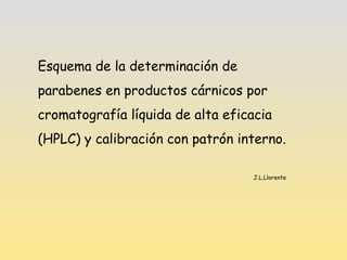 Esquema de la determinación de
parabenes en productos cárnicos por
cromatografía líquida de alta eficacia
(HPLC) y calibración con patrón interno.
J.L.Llorente
 